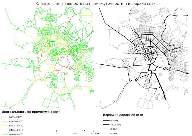 Визуализация центральности по гармонике для улично-дорожной сети