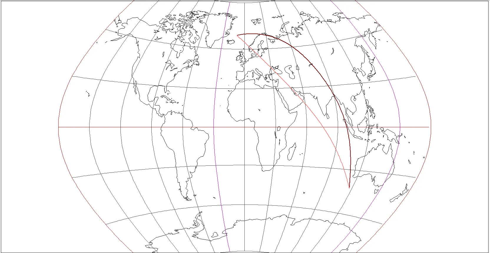Изображение локсодромии и ортодромии в поликонической проекции ЦНИИГАИК